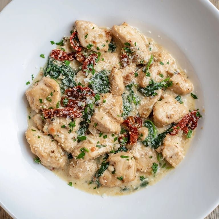 Imagine tender Creamy Tuscan Chicken breasts bubbling in a rich sauce, ready to be served hot.