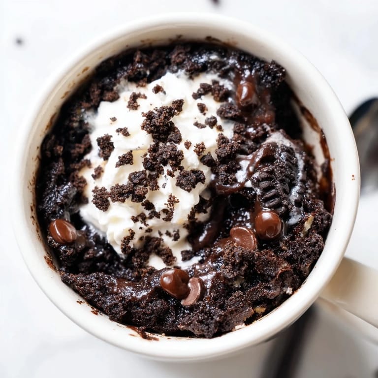 A close-up view of a perfectly cooked Oreo mug cake, topped with optional whipped cream, so delicious.