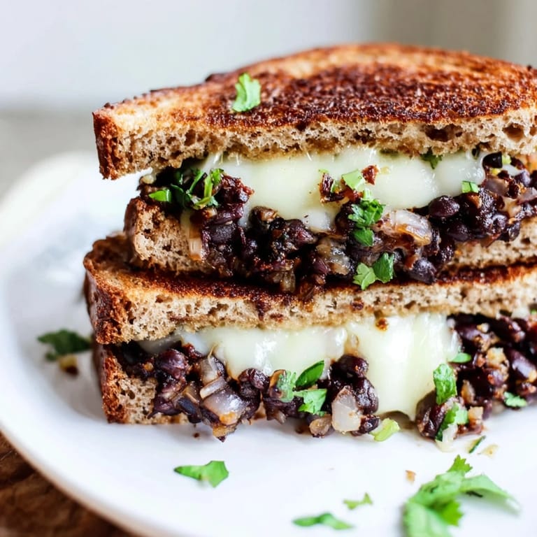 Steaming hot, a halved Black Bean Grilled Cheese reveals a creamy black bean filling and bubbly cheese.