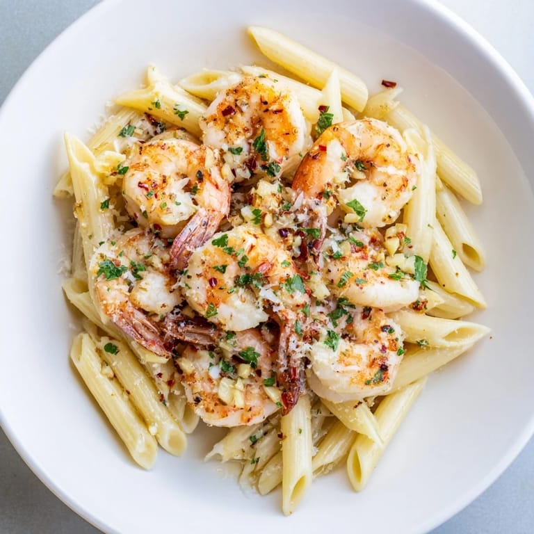 Bright, flavorful garlic shrimp penne with tender shrimp and perfectly cooked pasta, ready to enjoy.