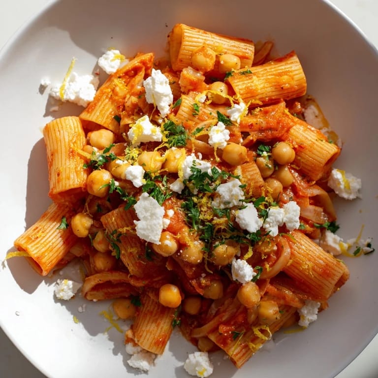 A generous serving of harissa chickpea pasta, garnished with fresh parsley and crumbled feta, ready to enjoy.