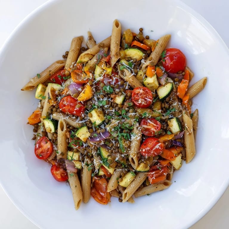 Vibrant image of Mediterranean Lentil Pasta with Vegetables, perfectly plated and seasoned, a flavorful vegetarian main.