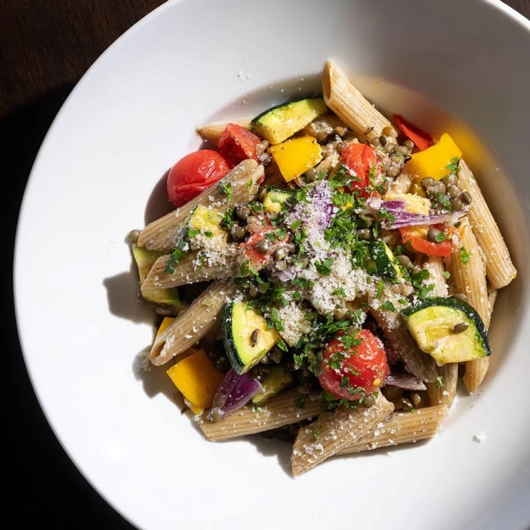Delicious Lentil Pasta with Vegetables highlighted, featuring roasted bell peppers and a sprinkle of Parmesan cheese.