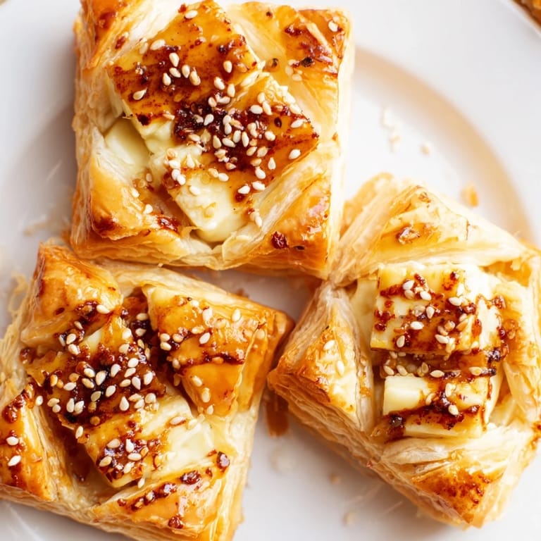 Warm, bubbling Chili Crisp Honey Brie Bites, showcasing the creamy Brie filling with a drizzle of honey.