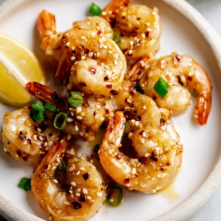 Plump shrimp coated in vibrant Korean Garlic Butter Shrimp sauce, ideal for rice or noodles.