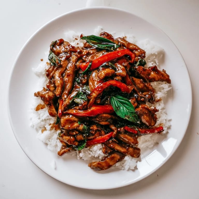 Enjoy a steaming bowl of Thai Basil Chicken, featuring vibrant vegetables and tender chicken thighs.