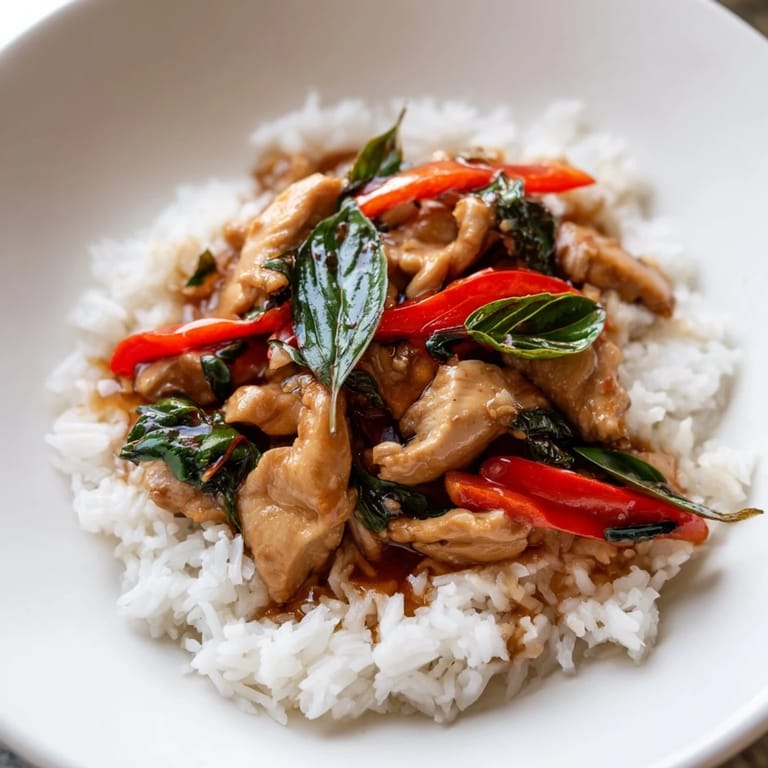 Savory Thai Basil Chicken Bowls are served with fluffy jasmine rice, perfect for a quick and easy dinner.