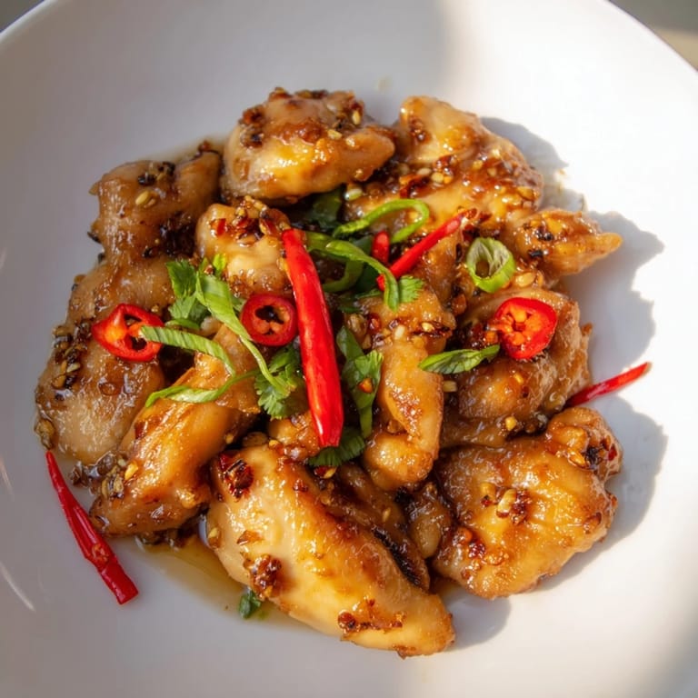 A close-up of flavorful Vietnamese Caramel Chicken, showcasing tender chicken coated in a sticky glaze.