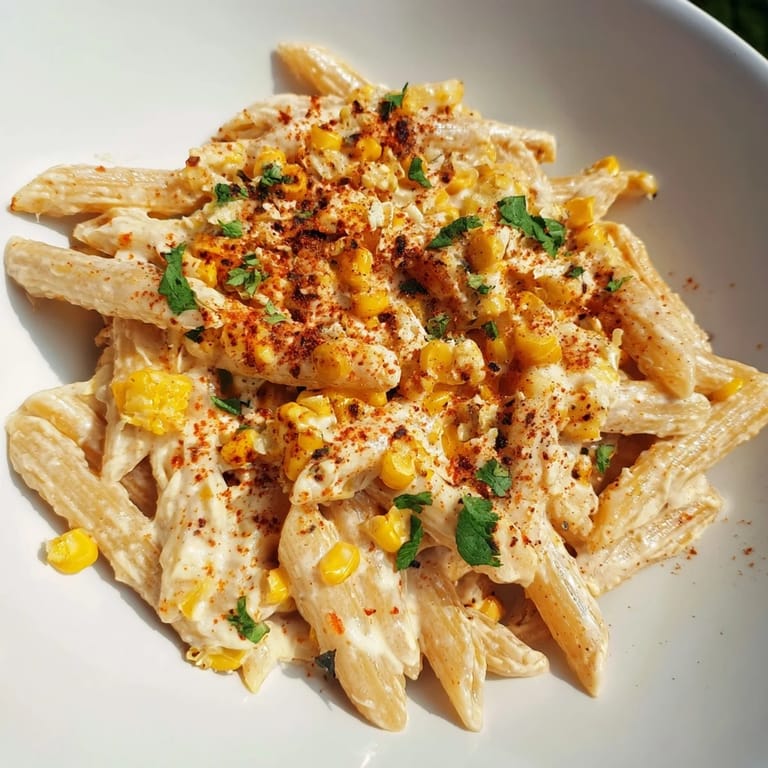 Tossed, vibrant Mexican Street Corn Pasta with corn, lime, and cheese, an inviting vegetarian dinner.
