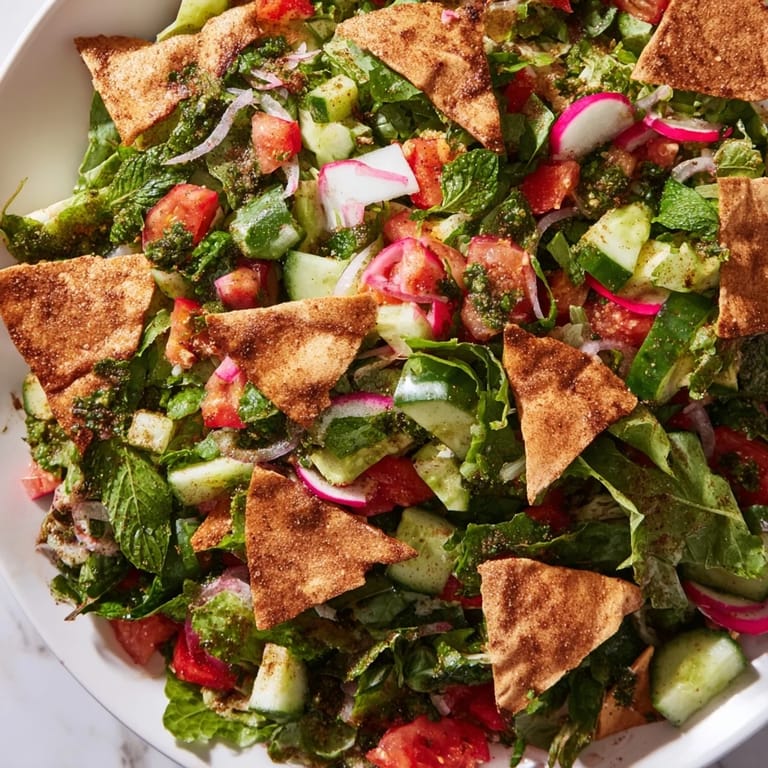 A colorful bowl overflowing with Lebanese Fattoush Salad, featuring fresh herbs and a bright sumac dressing.