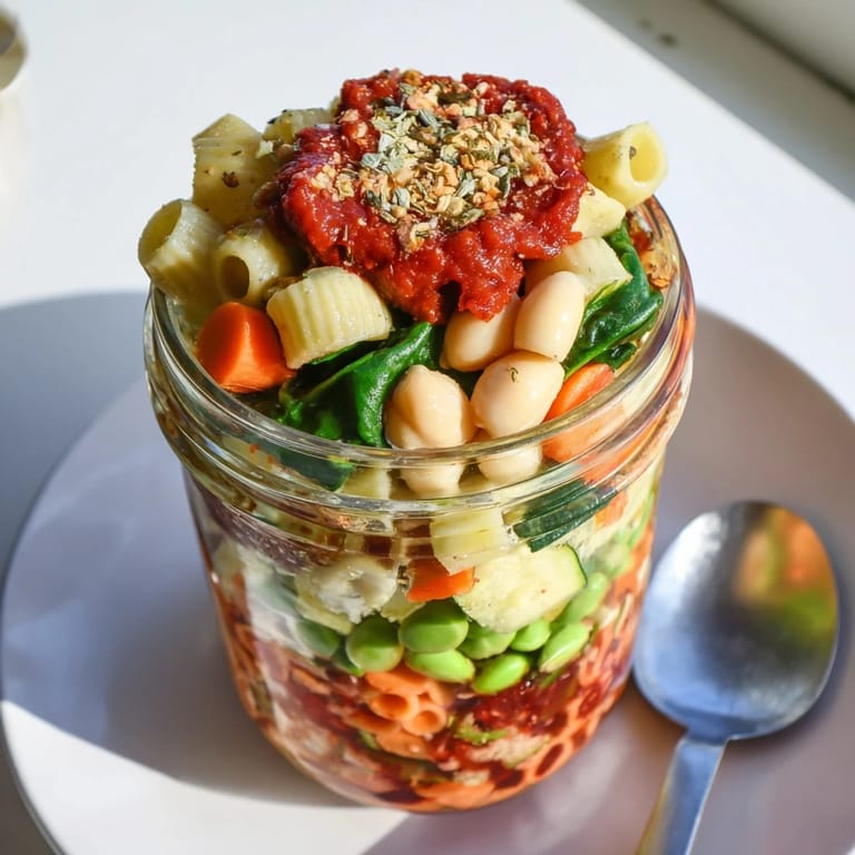 Inside a glass mason jar, the Minestrone Soup layers include lentils, diced carrots, celery, and sun-dried tomatoes for a hearty meal.