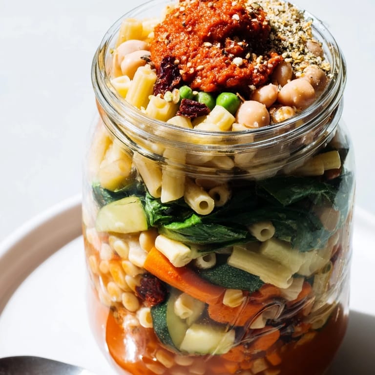 Serve this Minestrone Soup in a jar by adding boiling water, creating a steaming, vibrant Italian soup for an easy lunch.