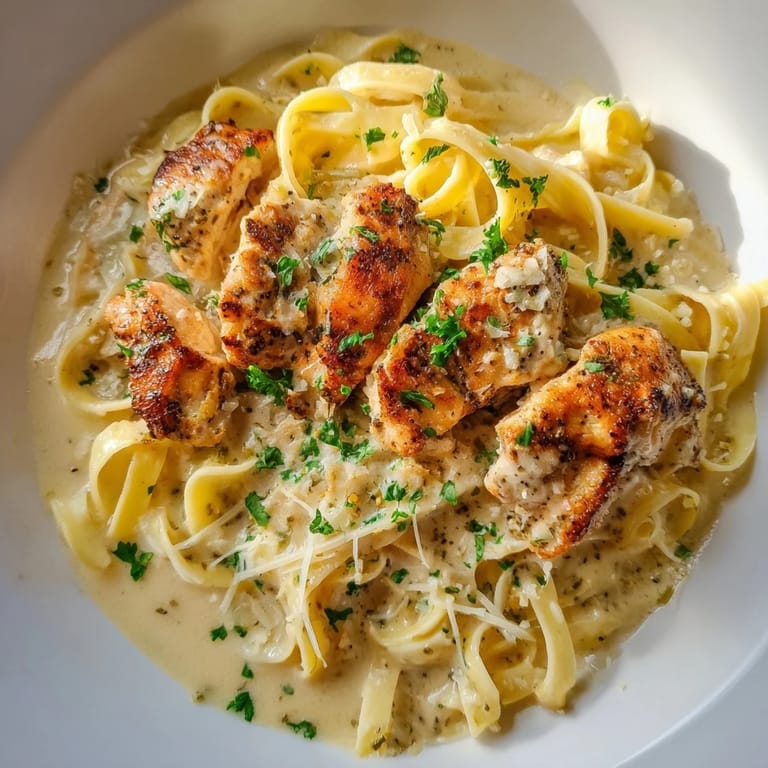 Skillet Chicken Alfredo features succulent chicken and coated pasta in rich sauce, ready to serve with a side salad or garlic bread.