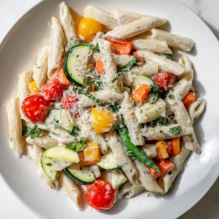 A steaming pot of One-Pot Creamy Pasta Primavera reveals tender penne, snap peas, and carrots coated in luscious Parmesan cream sauce.