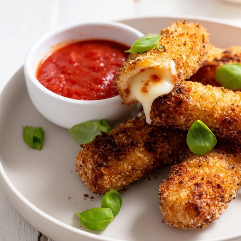 Air Fryer Mozzarella Sticks arranged on a plate, perfectly browned and ready to enjoy as a quick appetizer.  