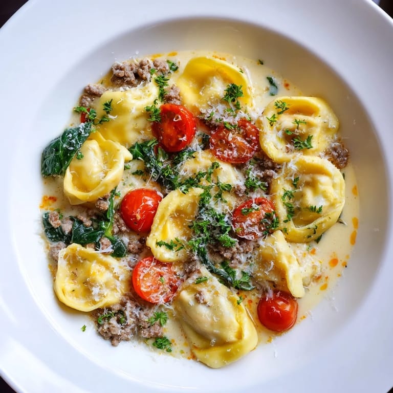 Tortellini Beef Soup features tender cheese pasta, savory ground beef, and cherry tomatoes in a creamy broth.
