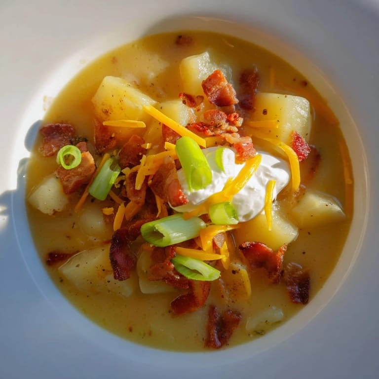 Hearty bowl of Loaded Baked Potato Soup topped with green onions, shredded cheddar, and crumbled bacon on a wooden table.