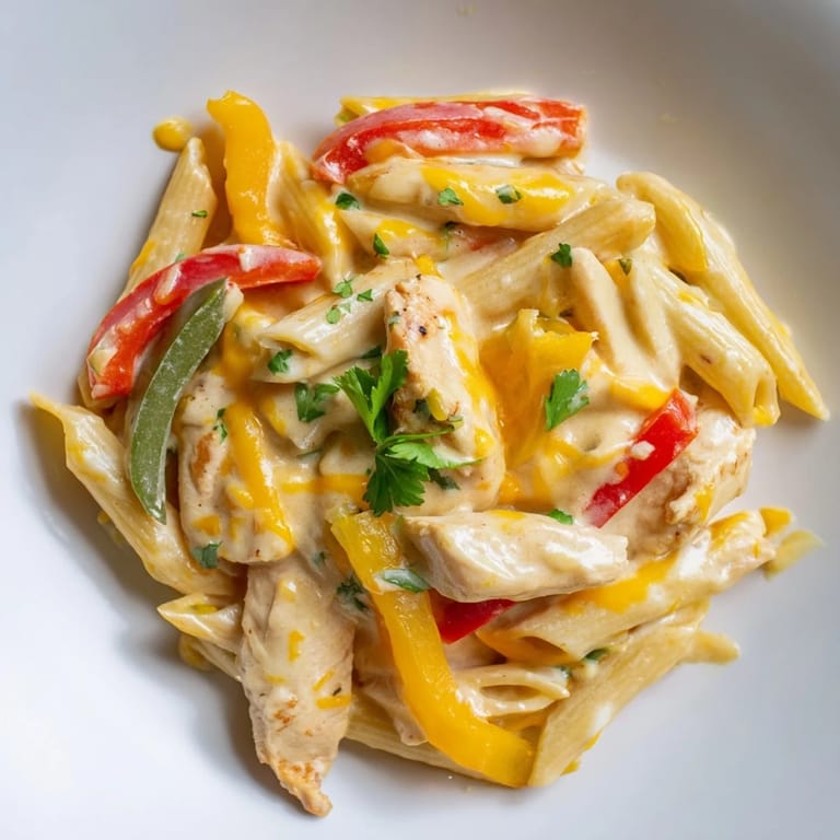 Chicken Fajita Pasta Skillet served steaming hot with lime wedges, vibrant peppers, and melted cheese on a rustic wooden table.