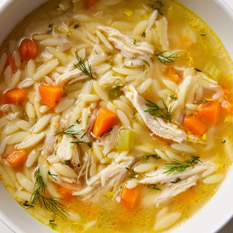 Spoonful of Chicken Lemon Orzo Soup showing shredded chicken, diced carrots, celery, and golden orzo in a savory broth.