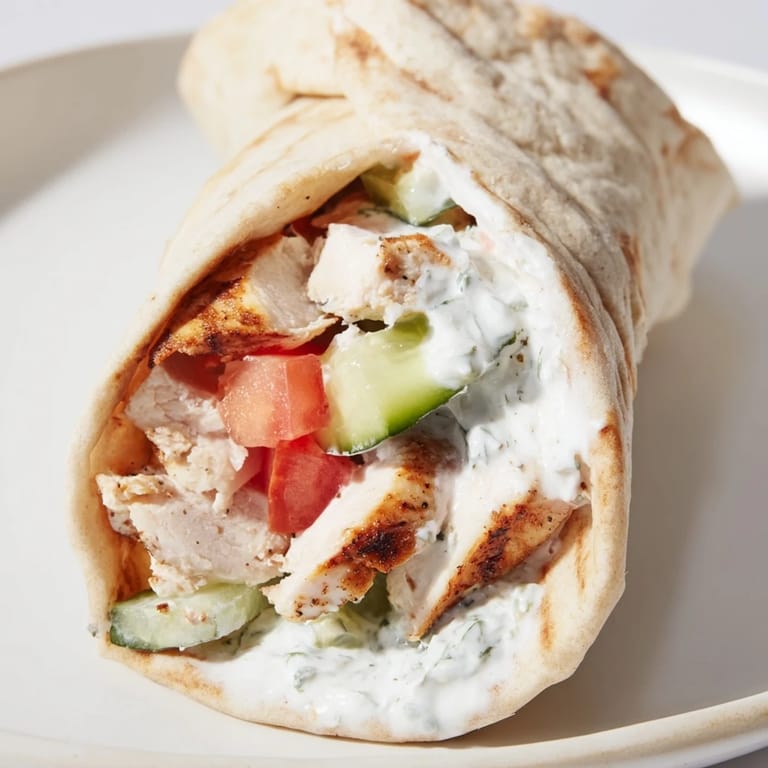 Golden grilled chicken and cool tzatziki packed into a warm pita for a delicious Mediterranean-style Greek Chicken Wrap meal.