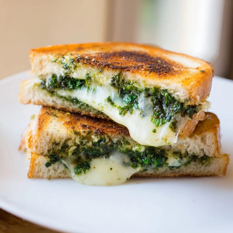 Homemade Spinach Pesto Grilled Cheese resting beside a bowl of creamy tomato soup, perfect for a comforting vegetarian lunch.