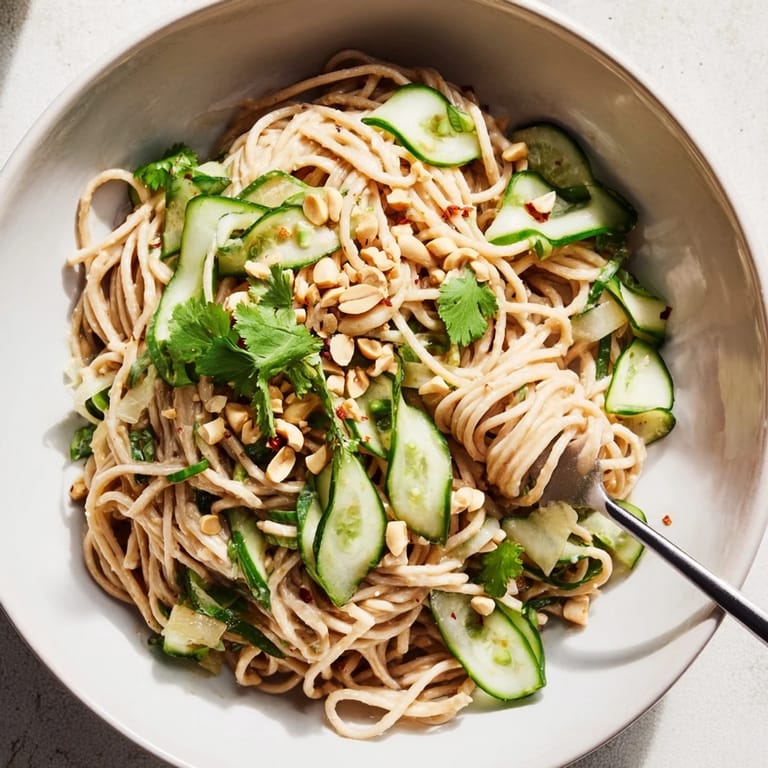 Vibrant bowl of Spicy Sesame Noodle Salad featuring julienned cucumbers, sesame seeds, and herbs.  