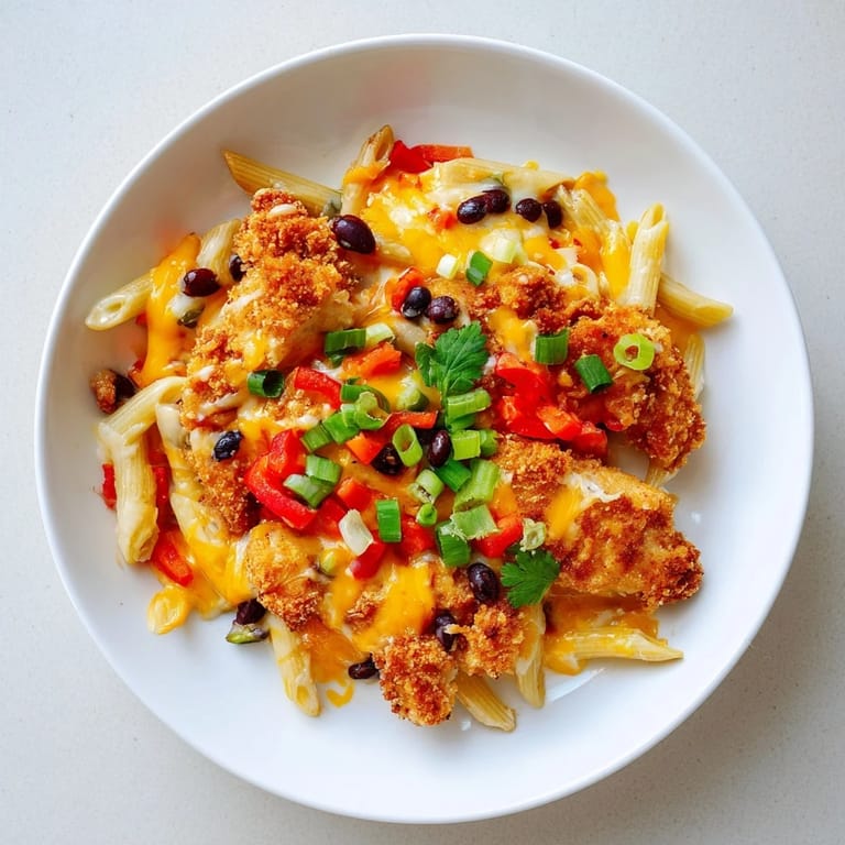 A steaming plate of Crispy Chicken Burrito Pasta garnished with fresh cilantro, sour cream, and lime wedges for serving.