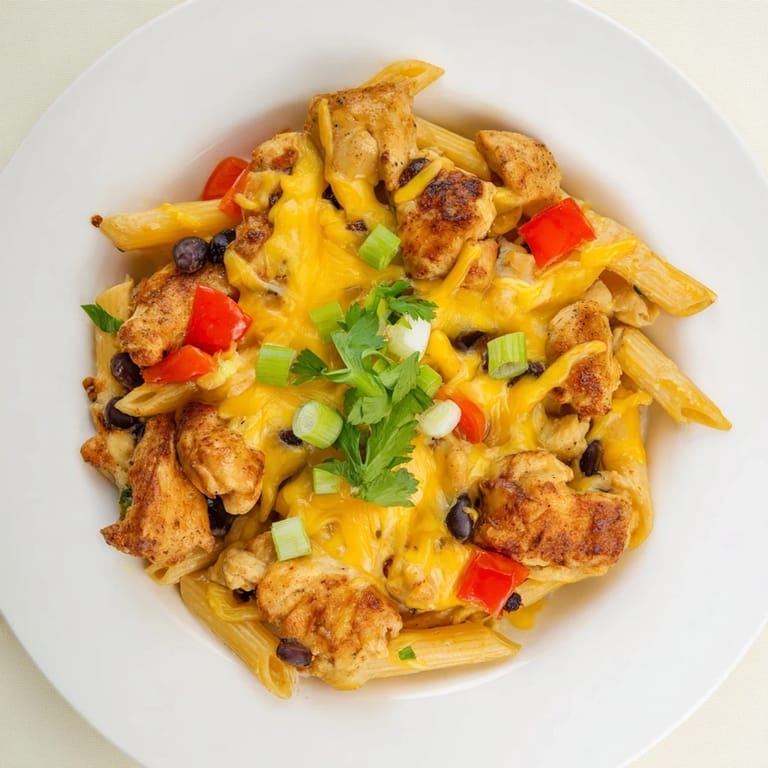 One-pan Crispy Chicken Burrito Pasta with melted cheddar and Monterey Jack cheese, red onion, and vibrant bell peppers.