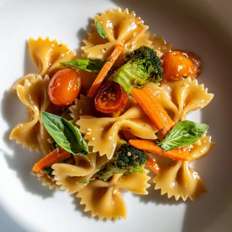 Serving suggestion for Rainbow Veggie Pasta Primavera, garnished with fresh basil and Parmesan, perfect for a healthy vegetarian dinner.