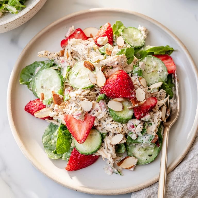 Refreshing bowl of Strawberry Poppy Seed Chicken Salad with vibrant greens, sliced cucumbers, and sweet strawberries, perfect for a light summer lunch.