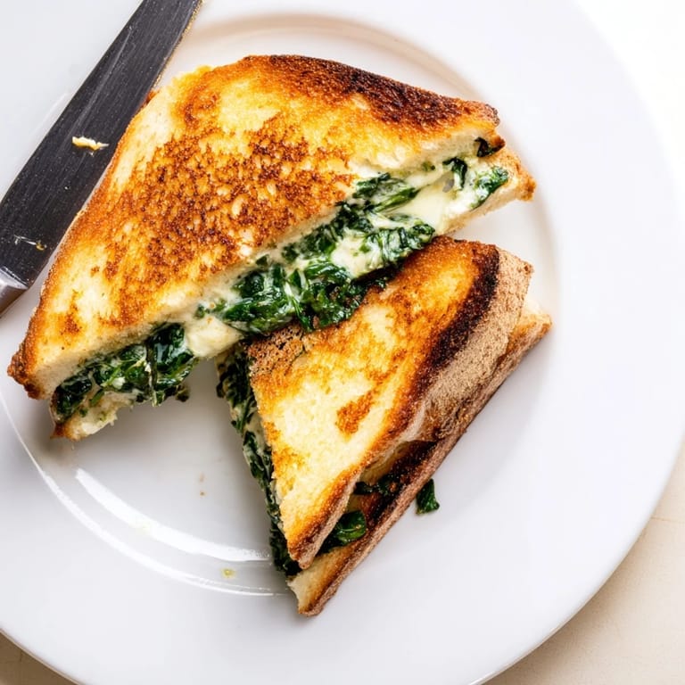 Two halves of a Feta & Spinach Stuffed Grilled Cheese rest on a white plate, revealing the vibrant green spinach and white cheese.  