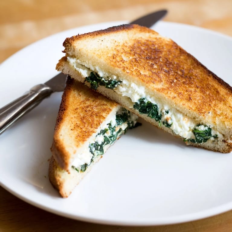 The buttery crust of a Feta & Spinach Stuffed Grilled Cheese toasted perfectly, with fresh spinach and tangy feta peeking out.