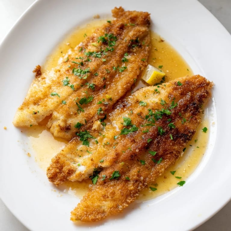 Pan-fried flounder meunière with nutty brown butter and parsley, plated alongside steamed green beans.