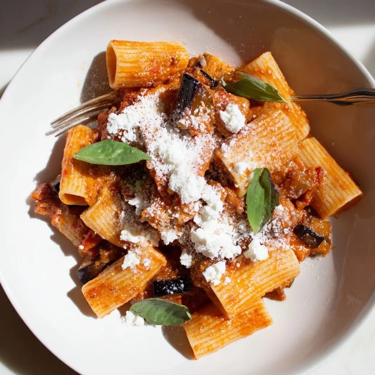 Pasta Alla Norma served family-style, with roasted eggplant and a hearty tomato basil sauce tossed with penne, ready for a satisfying vegetarian dinner in an American kitchen.