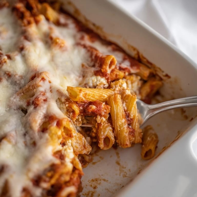 A close-up of creamy ricotta and savory ziti layered with hearty tomato sauce, ready to serve with a side salad.  