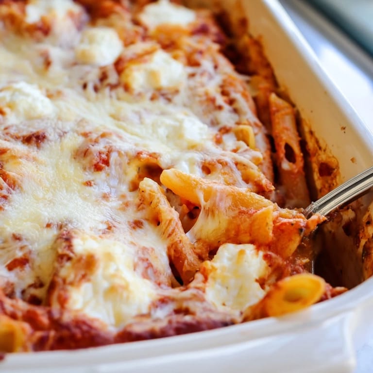 Golden, cheesy Freezer Make-Ahead Baked Ziti bubbling in a baking dish, perfect for a comforting Italian-American family dinner.