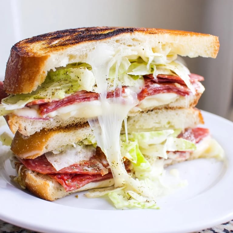 Two toasted Italian Sub Grilled Cheese halves, stacked on a white plate with red onion and pepperoncini beside a side salad.