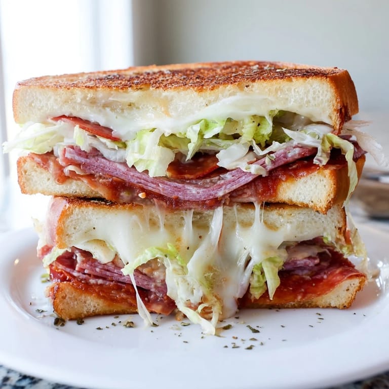 Close-up of a warm Italian Sub Grilled Cheese, showcasing melted cheese and savory Italian cold cuts between crispy buttered bread slices.