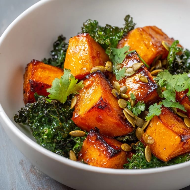 Savory roasted red kuri squash, kale, and onion served in a white ceramic bowl with lime.