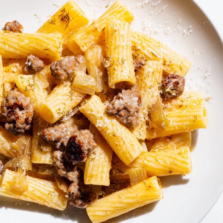 A close-up of Winter Pasta with Sausage and Fennel, topped with grated Parmesan and red pepper flakes.  