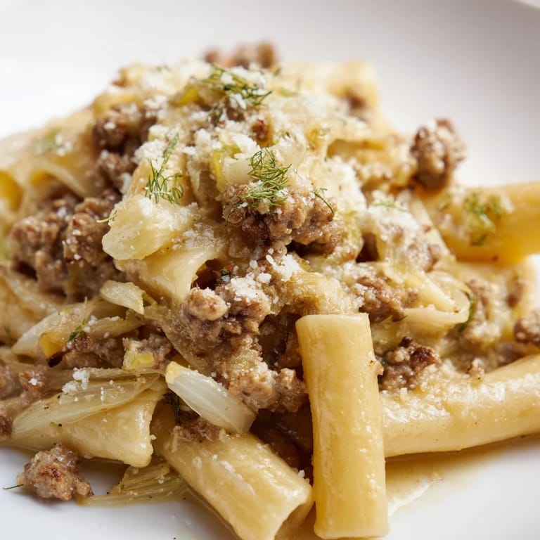 Plate of Winter Pasta with Sausage and Fennel beside a glass of white wine on a rustic table.