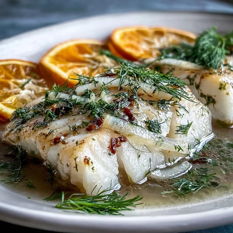 Poached Cod with Fennel and Orange plated on a white dish, garnished with zest and a light, aromatic broth.