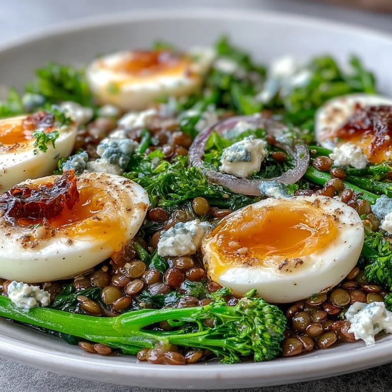 In a shallow bowl, French Lentil Salad With Broccolini and Soft-Cooked Eggs glows with a tangy Dijon vinaigrette and crumbled goat cheese.  