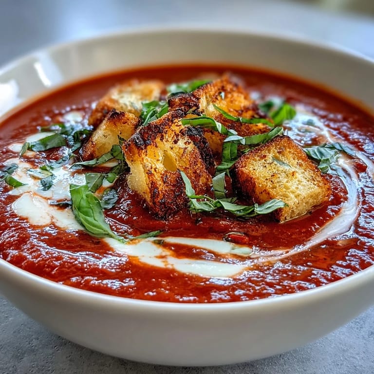 A comforting bowl of creamy roasted tomato soup features a rich swirl of cream, served warm on a rustic wooden table.