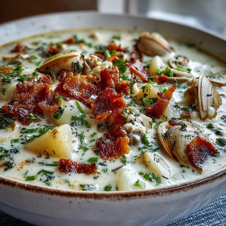 Steamed littleneck clams and diced potatoes in a rich, buttery broth with salt pork.