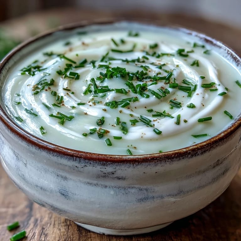 A bowl of velvety Potato Leek Soup topped with chives, with a warm baguette and butter placed alongside for dipping.