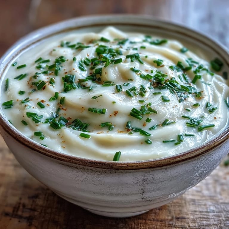 Close-up of rich Potato Leek Soup in a white bowl, showing its smooth texture and the green flecks of chives.