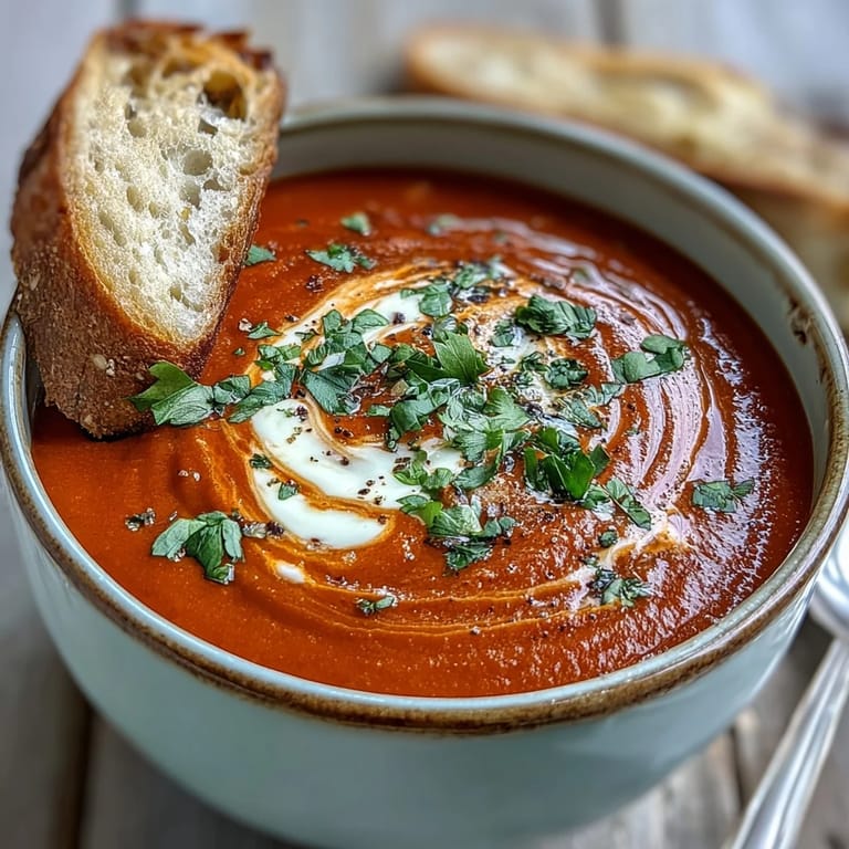 A close-up of Roasted Red Pepper Soup shows its silky texture, with crusty bread and a sprinkle of smoked paprika.