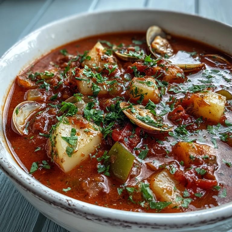 Hearty Manhattan Clam Chowder simmered in a pot, garnished with fresh parsley and served hot.