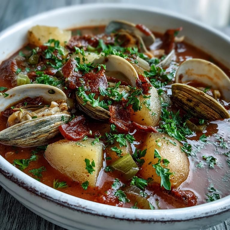 Colorful Manhattan Clam Chowder featuring diced carrots, celery, and bell peppers in a rich tomato broth.
